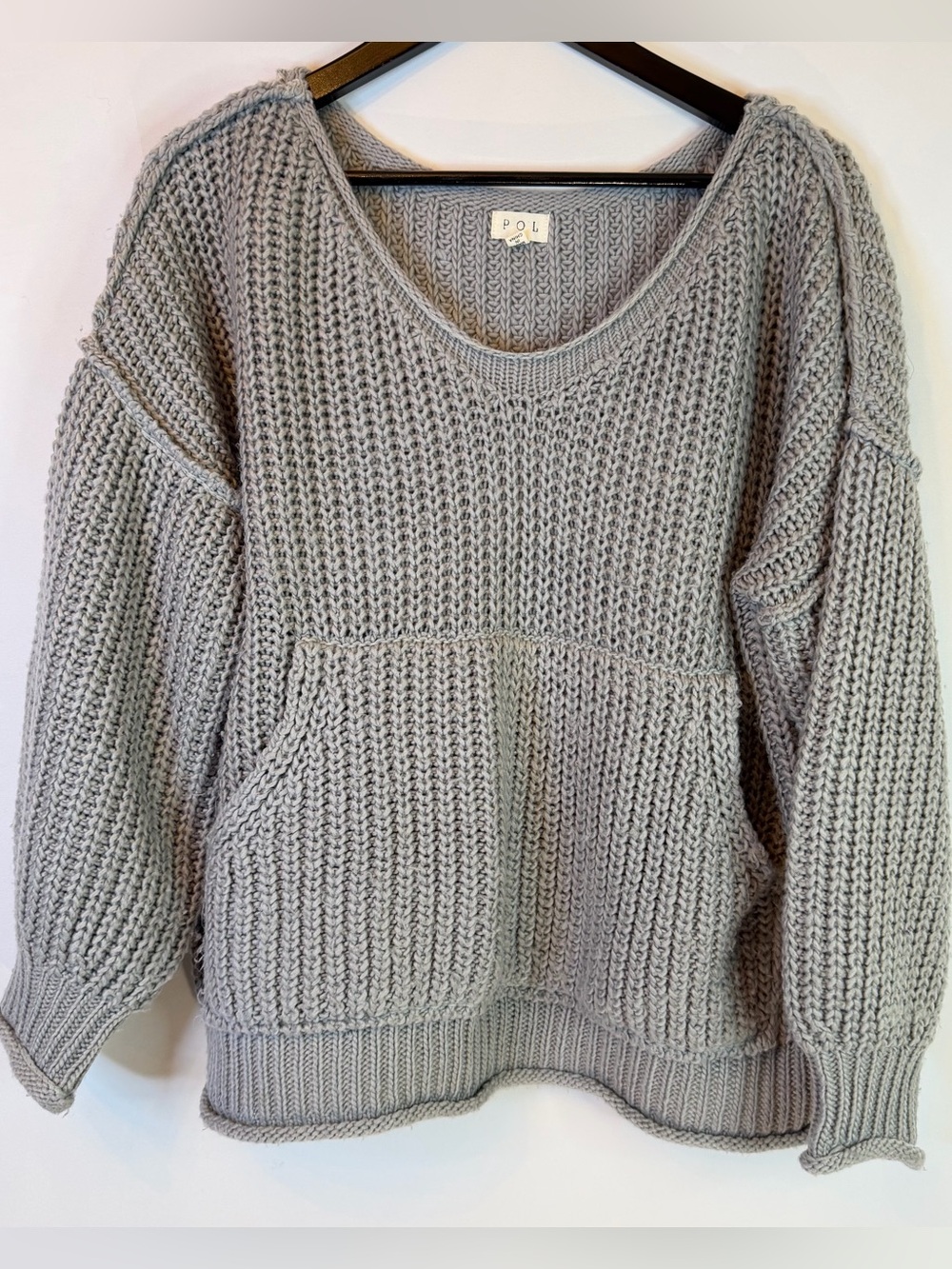 POL Gray Sweater Womens Small Oversized Crop Open Knit Crochet Kangroo Pocket